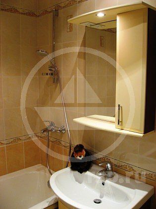 Данное зеркало с подсветкой намеренно выбрано с вертикальным шкафчиком расположенным в стороне от ванны, чтобы исключить возможное воздействие влаги и пара.