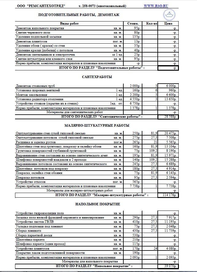 Смета на ремонт квартиры от компании РемСантехОтряд стр.1