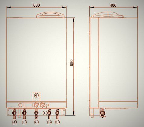Запуск двухконтурного котла Viessmann 111 W должен производиться грамотным специалистом, знающим что: “A” - подающая магистраль отопительного контура; “B” - обратная магистраль отопительного контура; “C” - подключение газа; “D” - холодная вода; “E” - горячая вода; “F” - предохранительный клапан ёмкостного водонагревателя; “D” - зона для элекрокабелей; Запуск двухконтурного котла Viessmann 111 W должен производиться грамотным специалистом, знающим что: “A” - подающая магистраль отопительного контура; “B” - обратная магистраль отопительного контура; “C” - подключение газа; “D” - холодная вода; “E” - горячая вода; “F” - предохранительный клапан ёмкостного водонагревателя; “D” - зона для элекрокабелей;