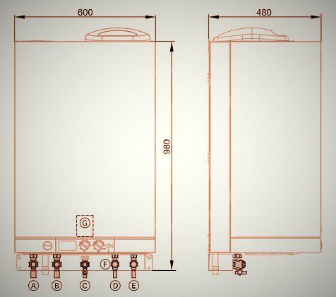 Запуск двухконтурного котла Viessmann 111 W должен производиться грамотным специалистом, знающим что: “A” - подающая магистраль отопительного контура; “B” - обратная магистраль отопительного контура; “C” - подключение газа; “D” - холодная вода; “E” - горячая вода; “F” - предохранительный клапан ёмкостного водонагревателя; “D” - зона для элекрокабелей;