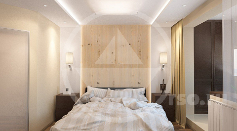 Проект гардеробной предполагает установку распашной двери матового стекла изготовленной по индивидуальному заказу.