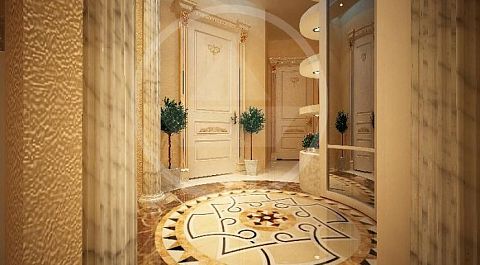 Главным элементом дизайна круглого холла является причудливый напольный орнамент, а вертикальные линиии строгих обрамляющих колонн привносят атмосферу торжественной встречи - добро пожаловать!