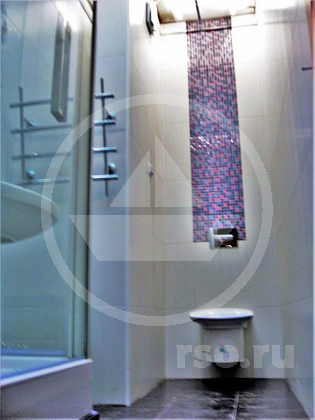 Линия мозаики, восходящая над инсталляционным унитазом, расположена напротив входа в ванную комнату и, своим изысканным видом, демонстрирует уровень отделки.
