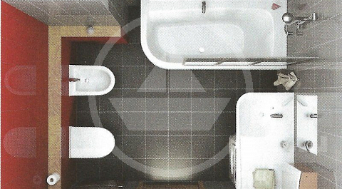 В этом примере планировки присутствует биде (как отдельный предмет), а малогабаритная стиральная машина находится под широкой столешницей умывальника.