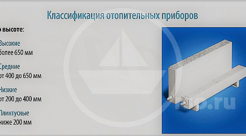 Классифицирование по высоте определяет выбор габаритных размеров отопительного прибора, коррелирующихся с необходимым объёмом прогрева.