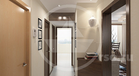 Коридор спроектирован из двух частей: площадки прихожей перед входной дверью и прохода на кухню.